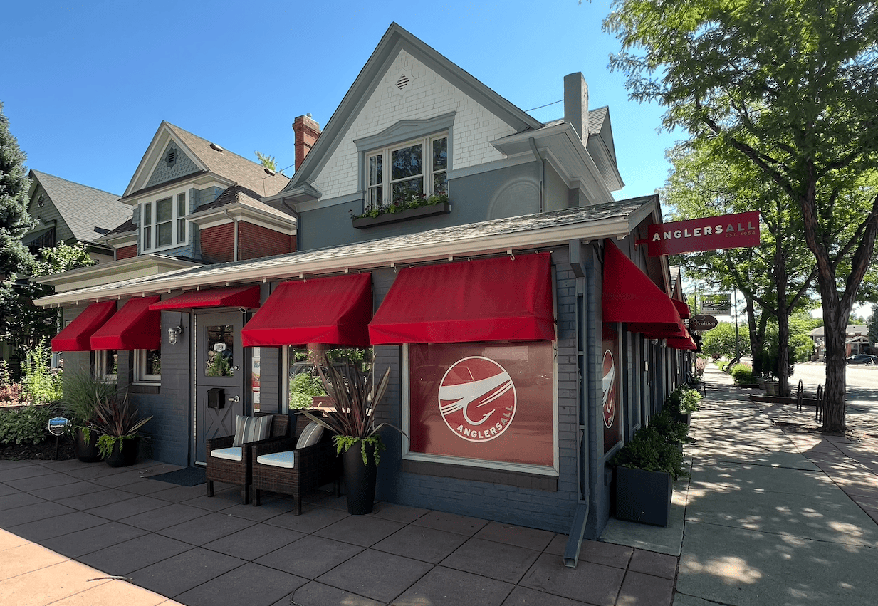 anglersall denver store front red awning and anglersall logo