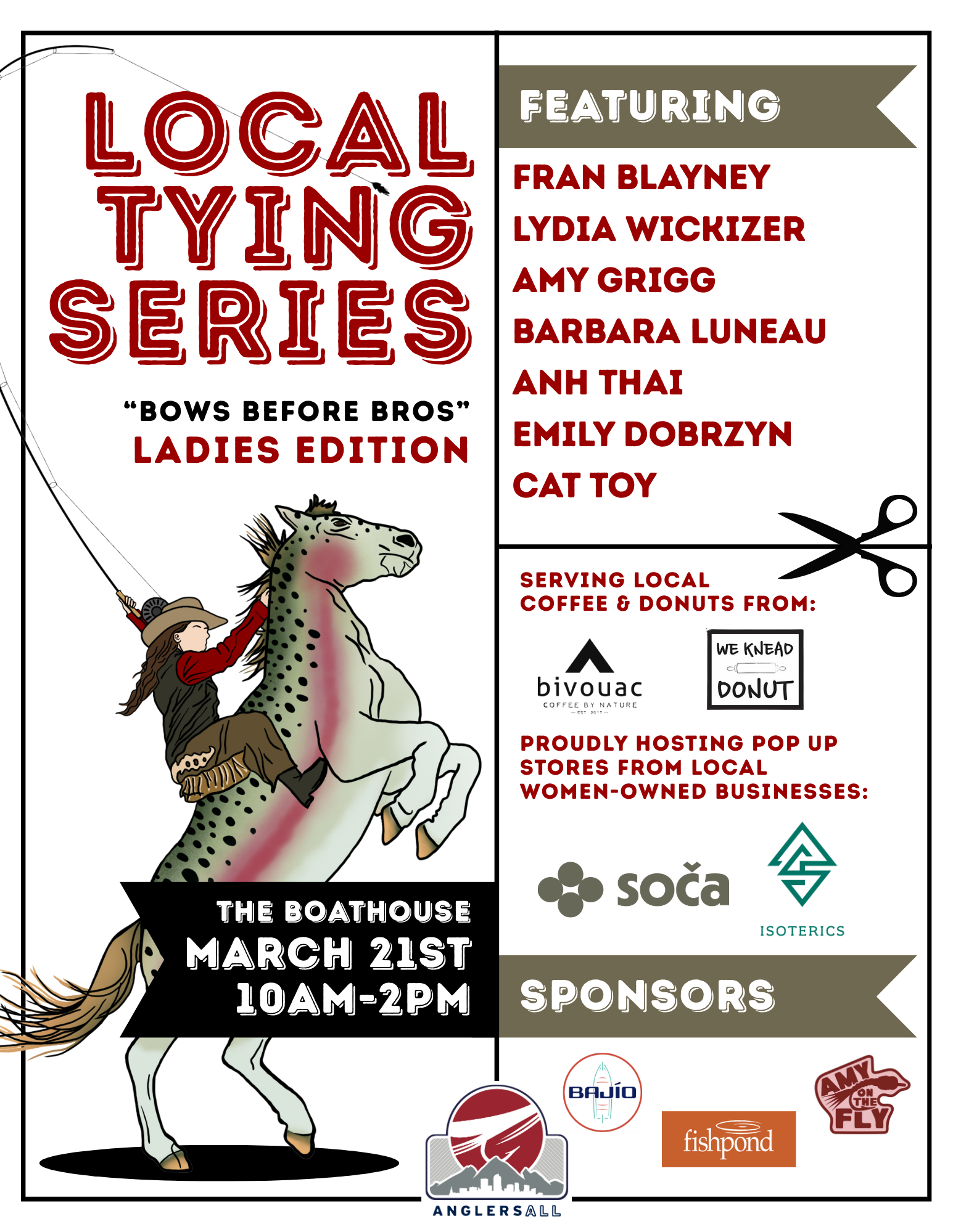 a flyer announcing the Marsh 21st ladies tying series event with a cowgirl riding a rainbow horse