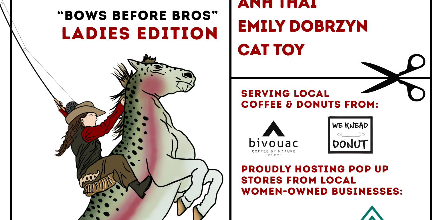 a flyer announcing the Marsh 21st ladies tying series event with a cowgirl riding a rainbow horse