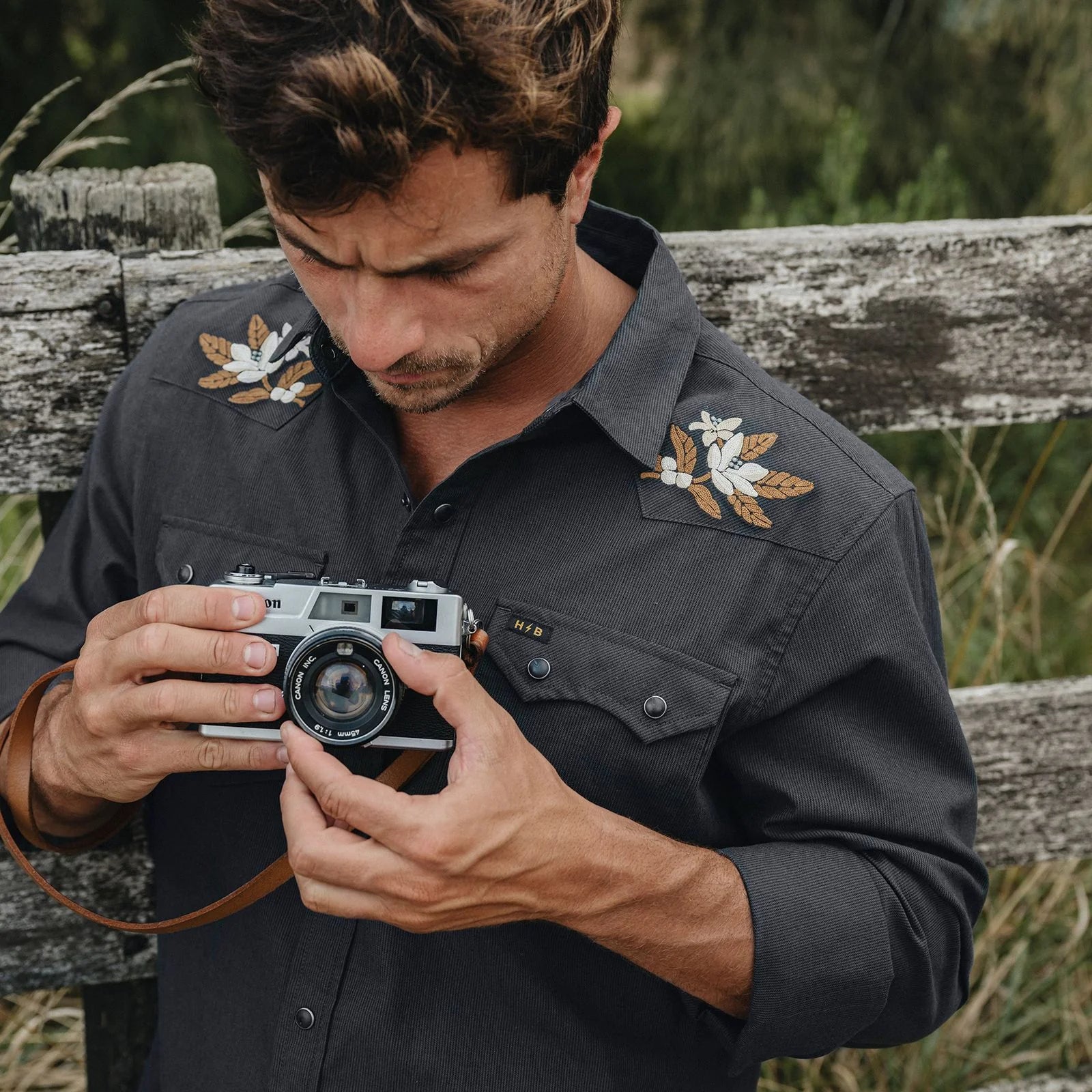 Howler Brothers Crosscut Deluxe Longsleeve Shirt - Orange Blossoms: Antique Black