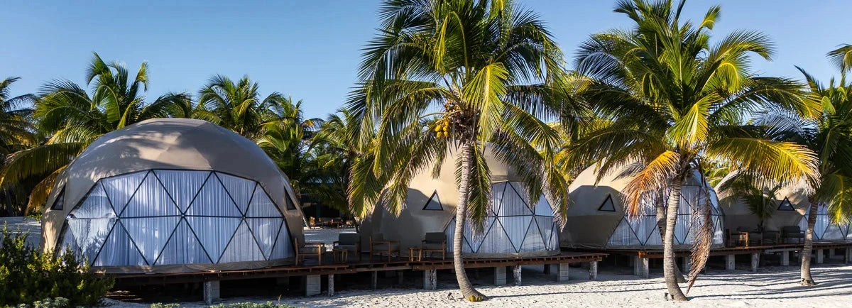 Geodesic dome structures surrounded by palm trees on a sunny day.