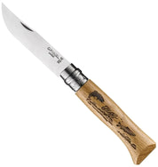 Opinel No.08 Oak Engraved Handle Folding Knife - Animalia