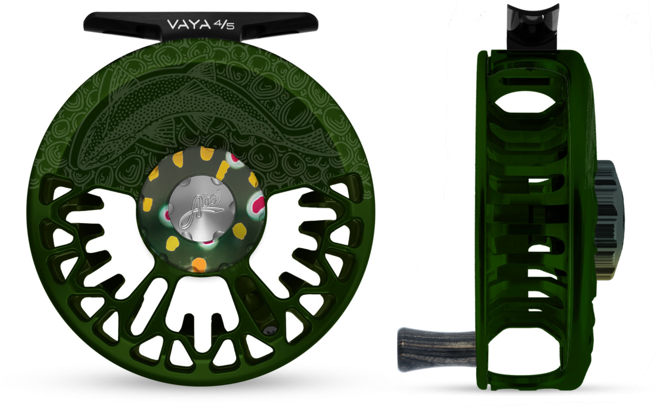 Abel Vaya 4/5 Fly Reel - Deep Green Finish With Underwood Sight Fish Engraved Design / Native Brook Drag Knob & Ebony Wood Handle