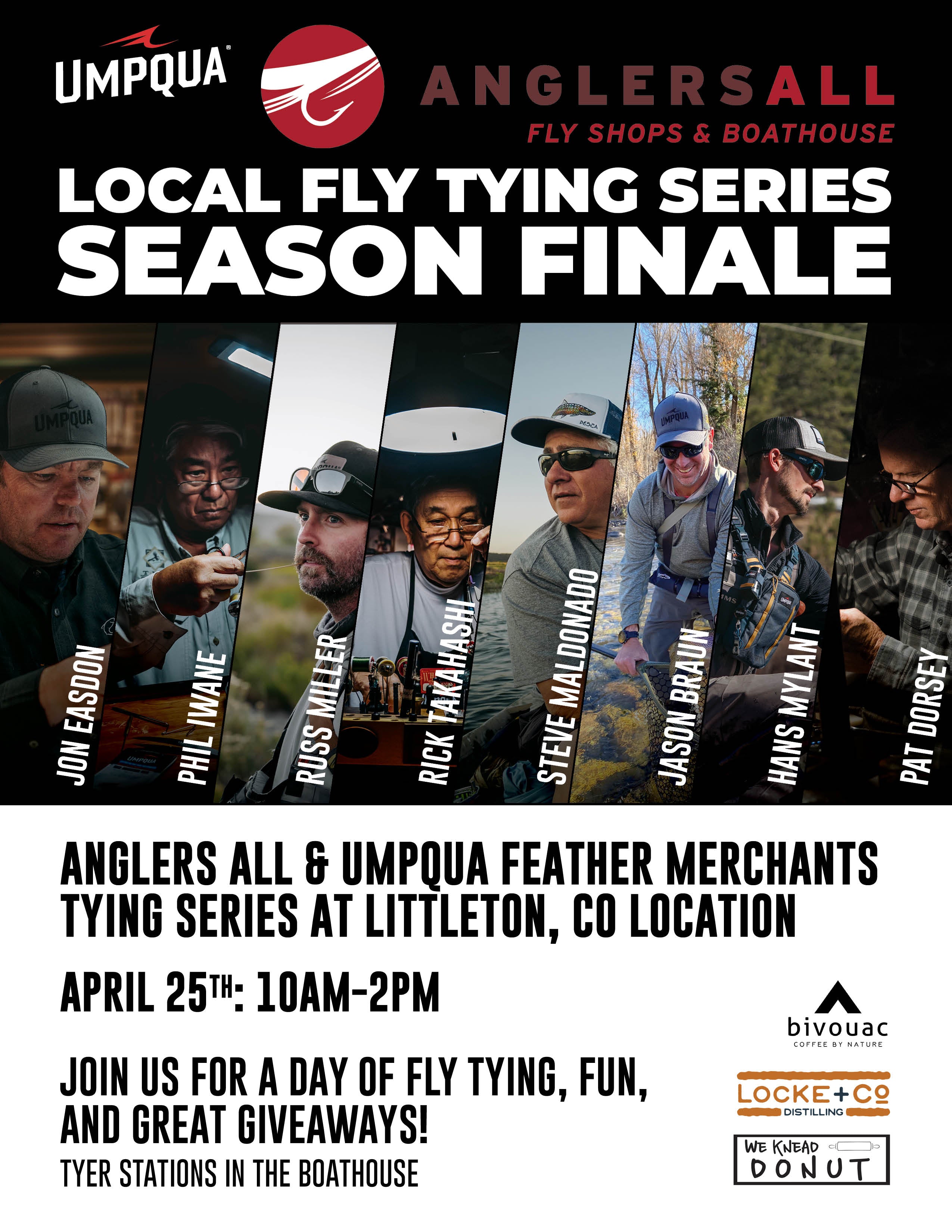 Promotional poster for Anglers All Local Fly Tying Series Season Finale event featuring Umpqua and Feather Merchants.