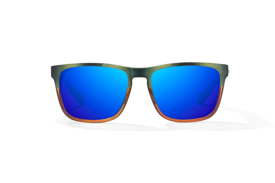 Bajio Calda Sunglasses - Green Ochre Split Gloss Frame with Blue Mirror Glass Lens