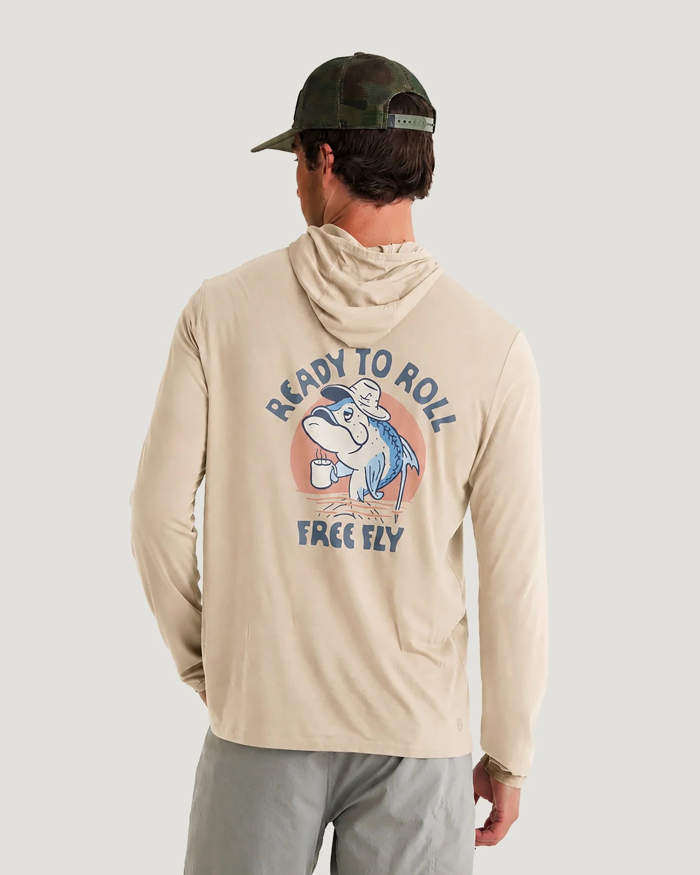 Free Fly Apparel Men's Bamboo Lightweight Graphic Hoodie - Ready to Roll Desert Tan