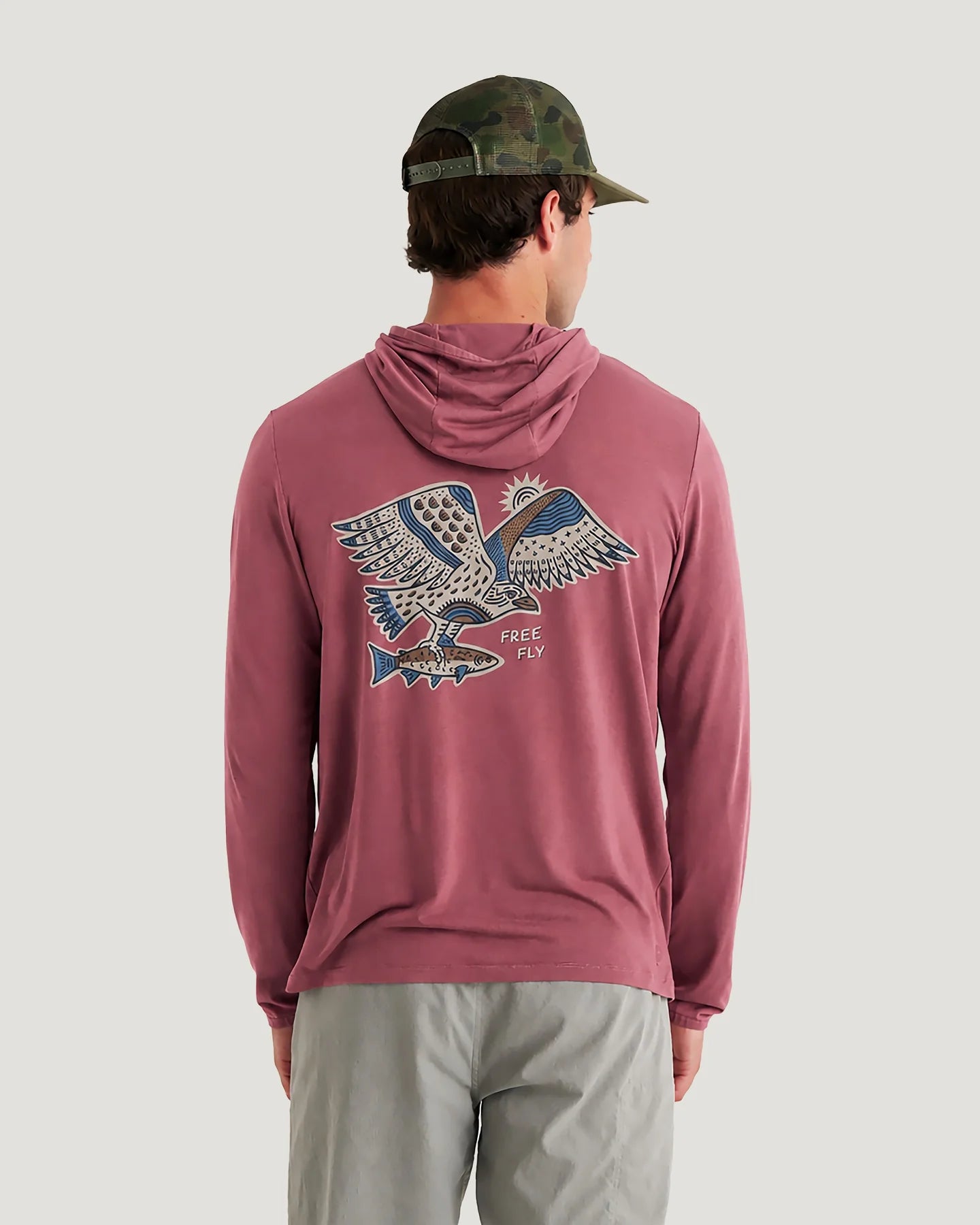 Free Fly Apparel Men's Bamboo Lightweight Graphic Hoodie - Osprey Catch Plum