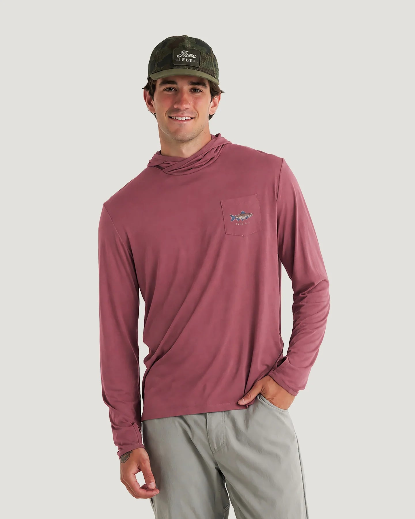 Free Fly Apparel Men's Bamboo Lightweight Graphic Hoodie - Osprey Catch Plum