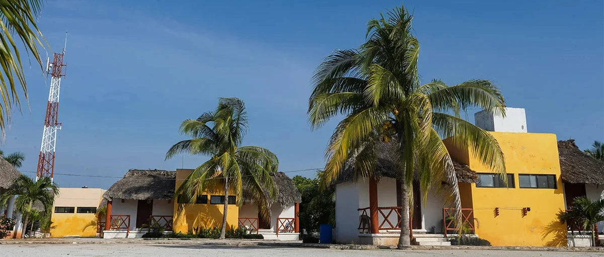 Yellow building with thatched roofs and palm trees under a clear blue sky.