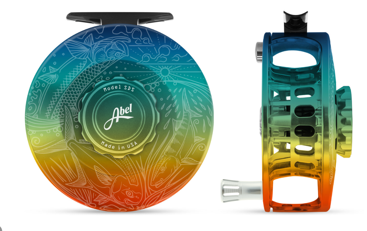 Abel SDS 7/8 Fly Reel - Solid - Baja Fade Finish w/ Underwood Slammin' Engraved Design/ Baja Fade Drag Knob & Platinum Aluminum Handle