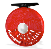 Abel TR 4/5 Fly Reel - Ported - Satin Red Finish with Underwood High Country Cuts Engraving & Rosewood Handle