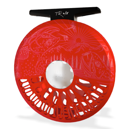 Abel TR 4/5 Fly Reel - Ported - Satin Red Finish with Underwood High Country Cuts Engraving & Rosewood Handle