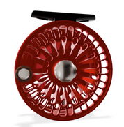 Abel TR 4/5 Fly Reel - Ported - Satin Red Finish with Underwood High Country Cuts Engraving & Rosewood Handle