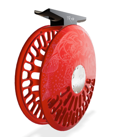 Abel TR 4/5 Fly Reel - Ported - Satin Red Finish with Underwood High Country Cuts Engraving & Rosewood Handle