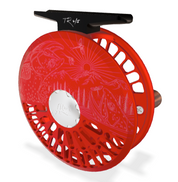 Abel TR 4/5 Fly Reel - Ported - Satin Red Finish with Underwood High Country Cuts Engraving & Rosewood Handle