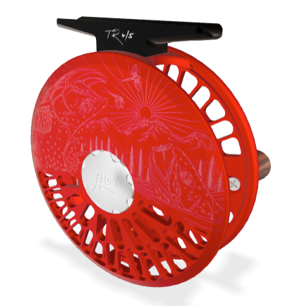 Abel TR 4/5 Fly Reel - Ported - Satin Red Finish with Underwood High Country Cuts Engraving & Rosewood Handle