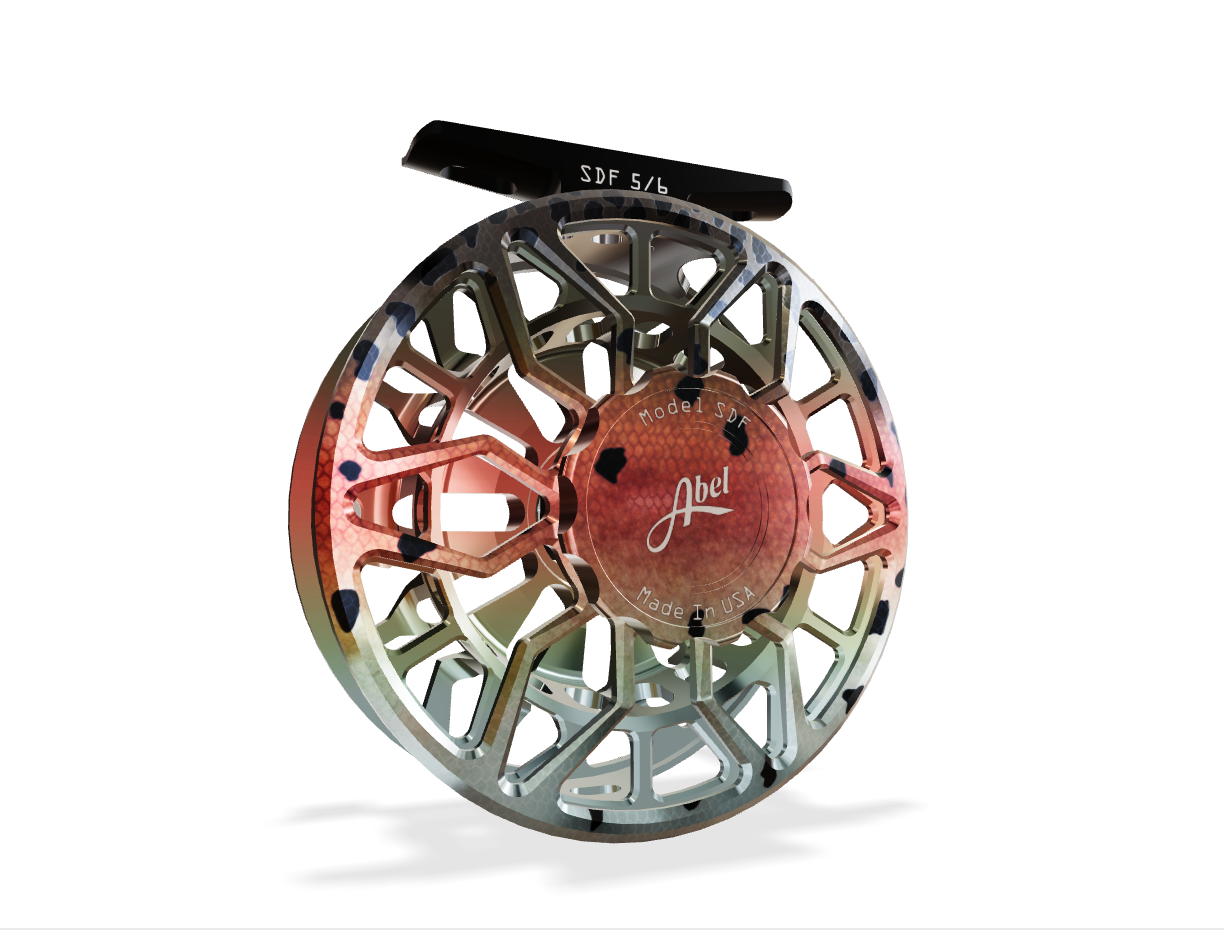 Abel SDF 5/6 Fly Reel - Ported Native Rainbow Trout / Native Rainbow Trout Drag Knob & Ebony Handle
